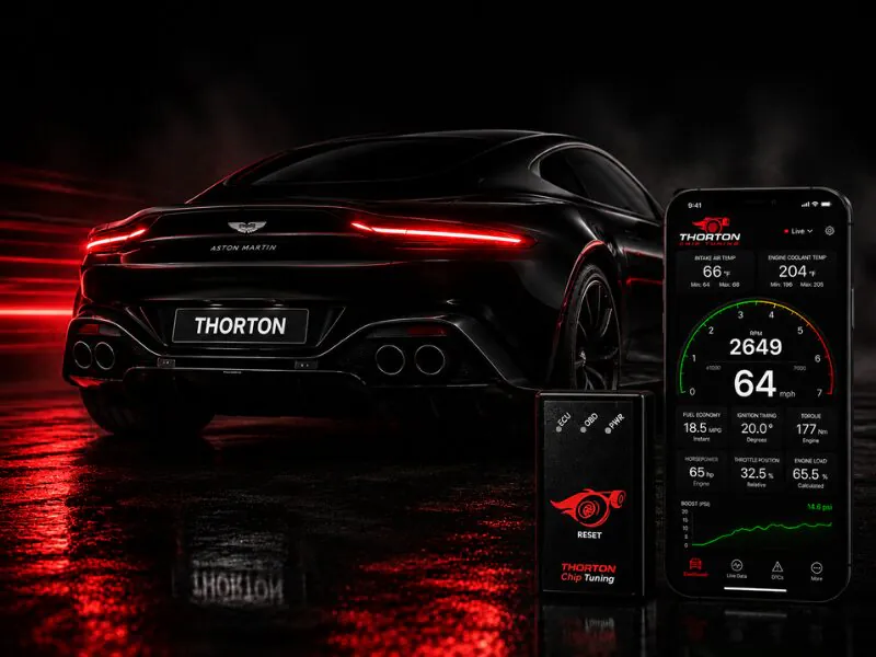 Performance car with the Thorton chip and the Thorton app showing live engine data