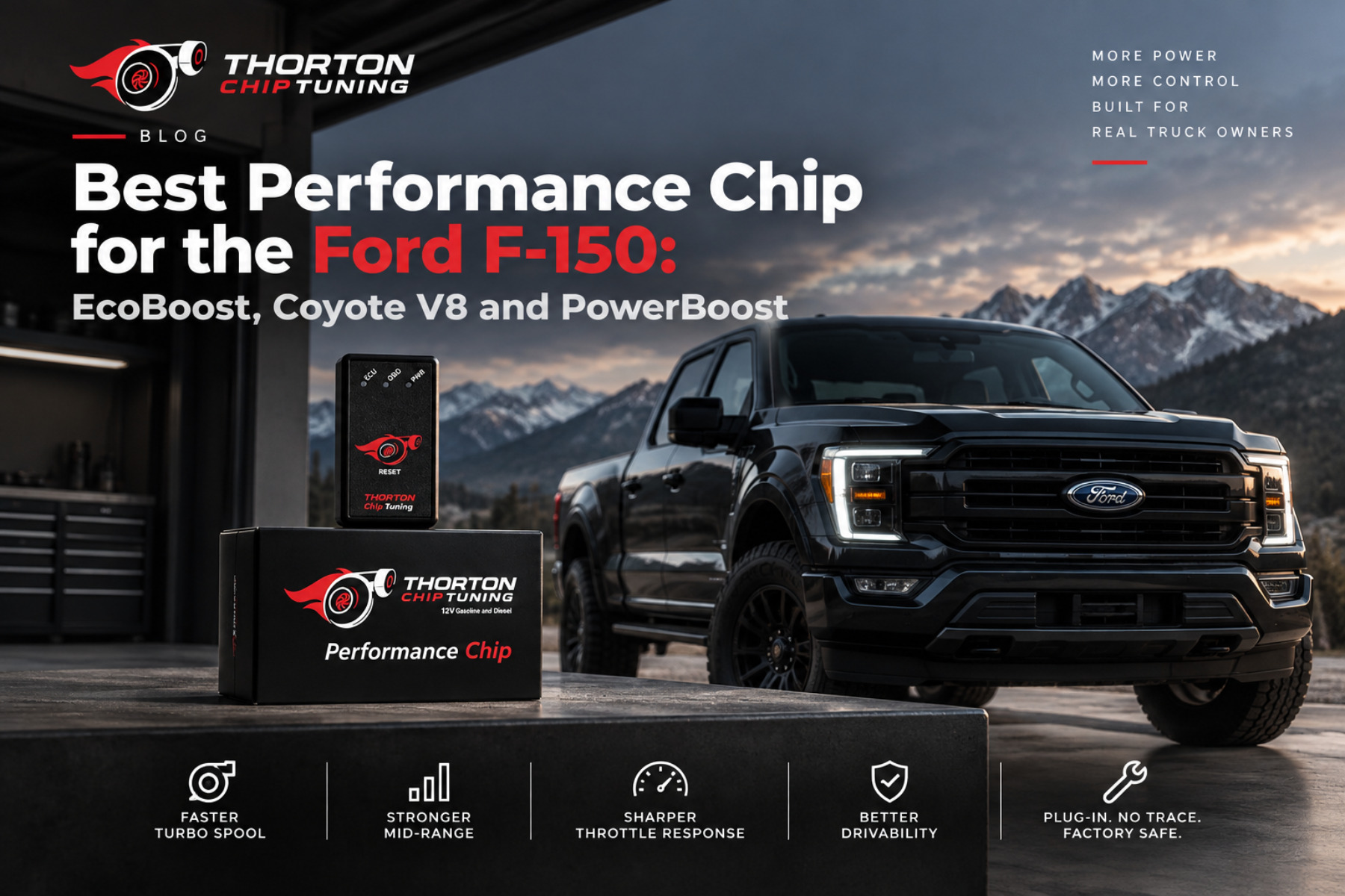 Thorton performance chip and its box on a concrete ledge beside a black Ford F-150 in an open garage at dusk, headlined 'Best Performance Chip for the Ford F-150: EcoBoost, Coyote V8 and PowerBoost'.