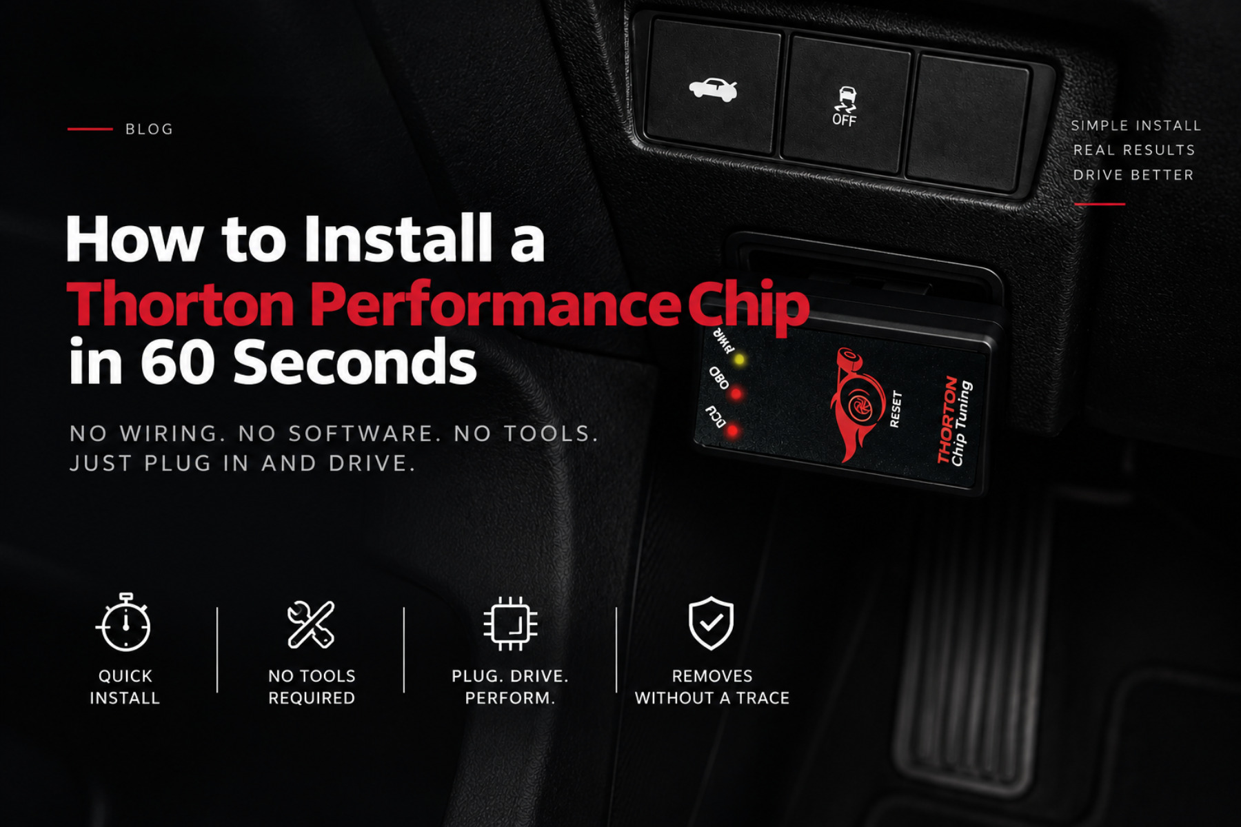 A Thorton performance chip plugged into a car's OBD port in the footwell with its ECU, OBD and PWR lights lit, headlined 'How to Install a Thorton Performance Chip in 60 Seconds'.