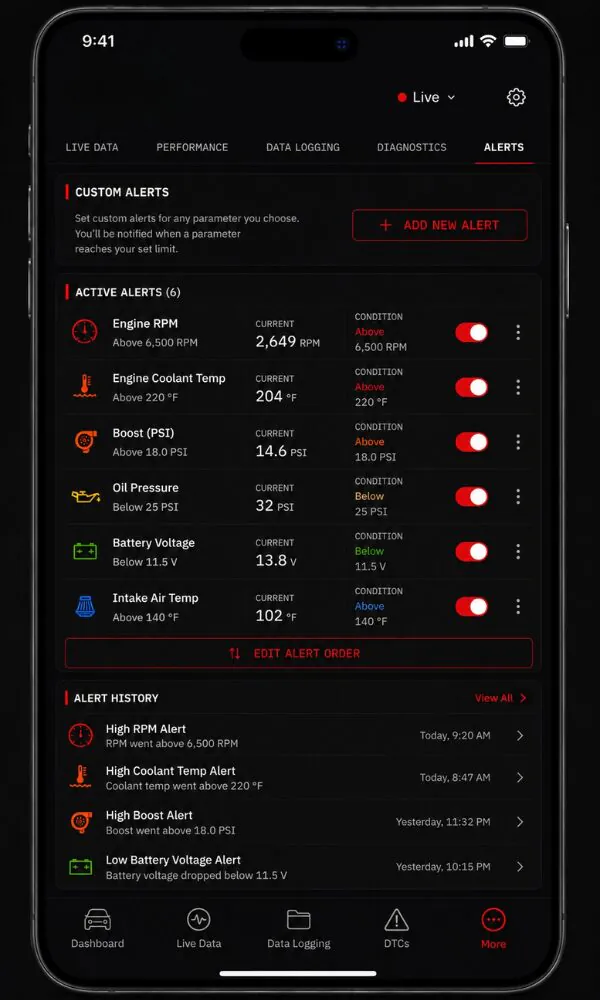 Thorton app custom alerts screen with configurable thresholds for engine parameters