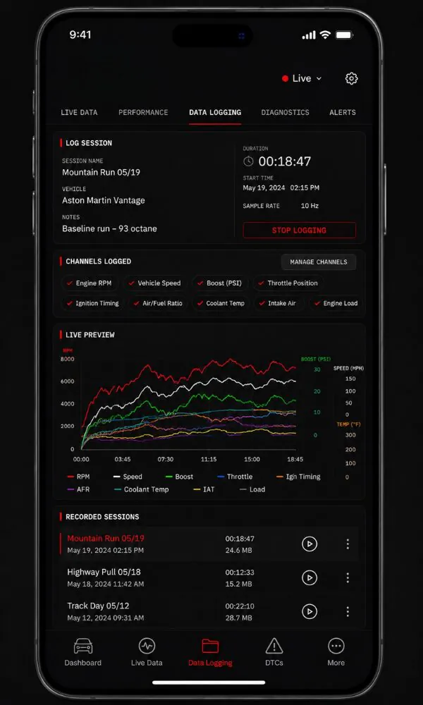 Thorton app data logging screen listing recorded engine data logs