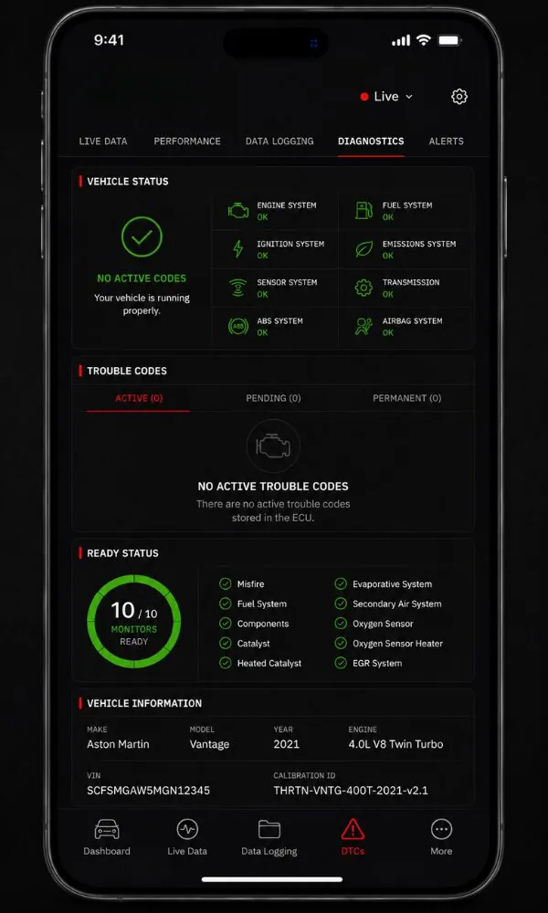 Thorton app diagnostics screen showing stored trouble codes and their descriptions