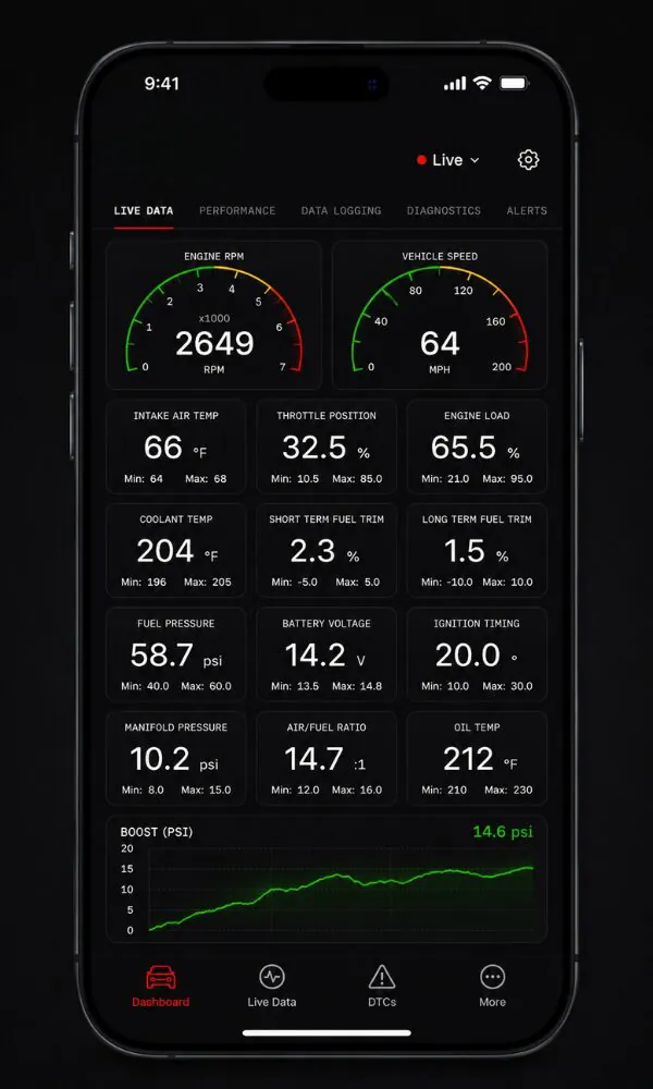 Thorton app live data screen showing engine RPM, vehicle speed and real-time engine parameters